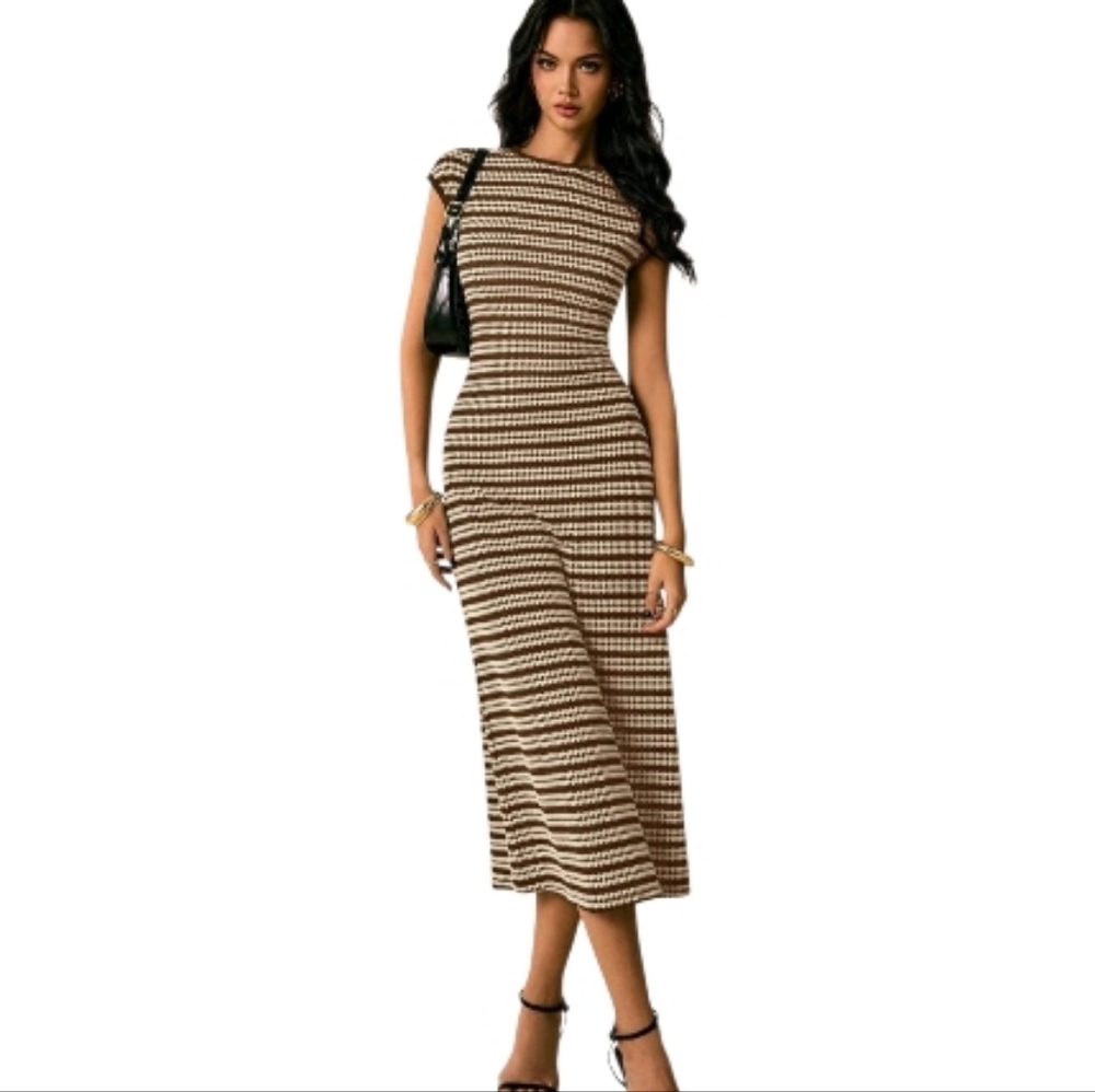 Striped Knit Midi Dress in Brown and Cream